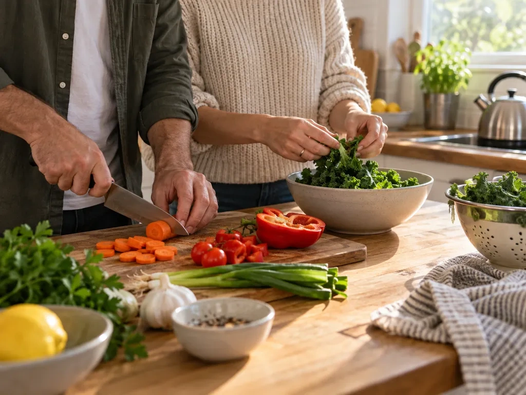 Illustrative scene of preparing a meal together in an Australian kitchen